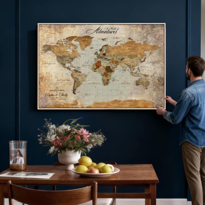 Custom Push Pin World Map Canvas Print, Personalized Travel Adventure ...