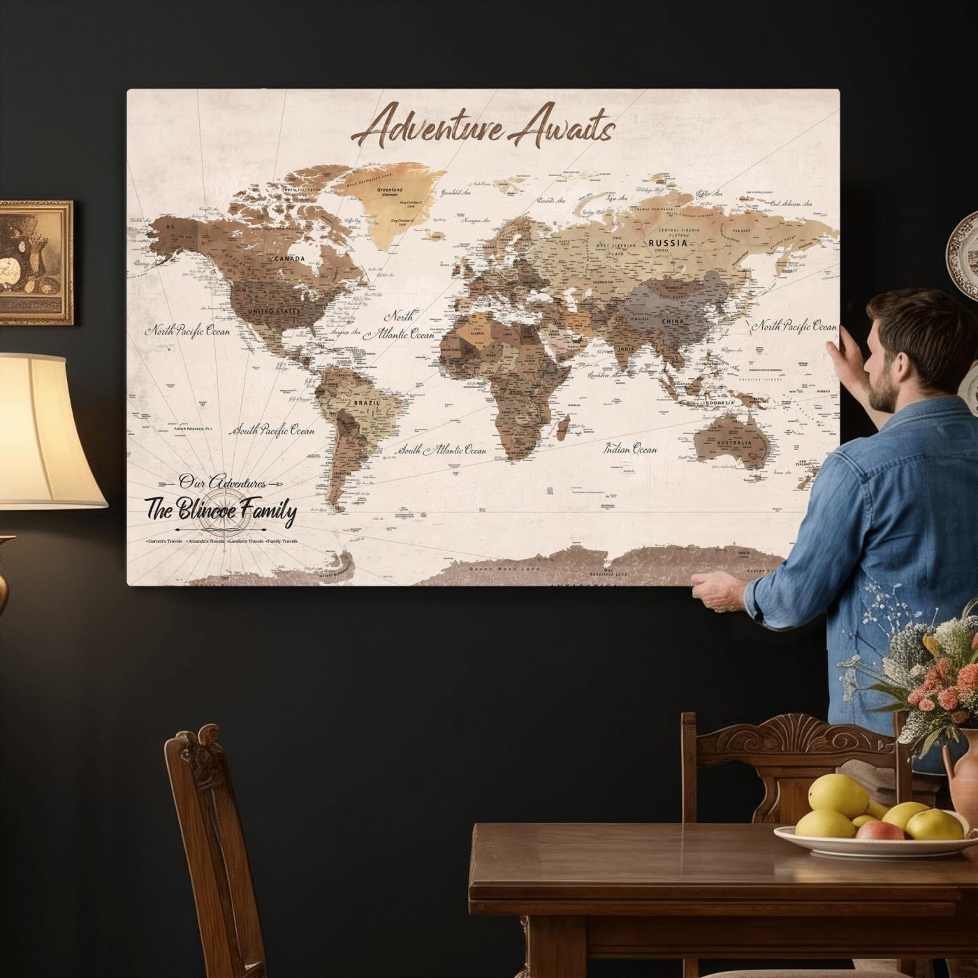 Vintage Customized Push Pin World Map Canvas Print, Personalized Travel ...
