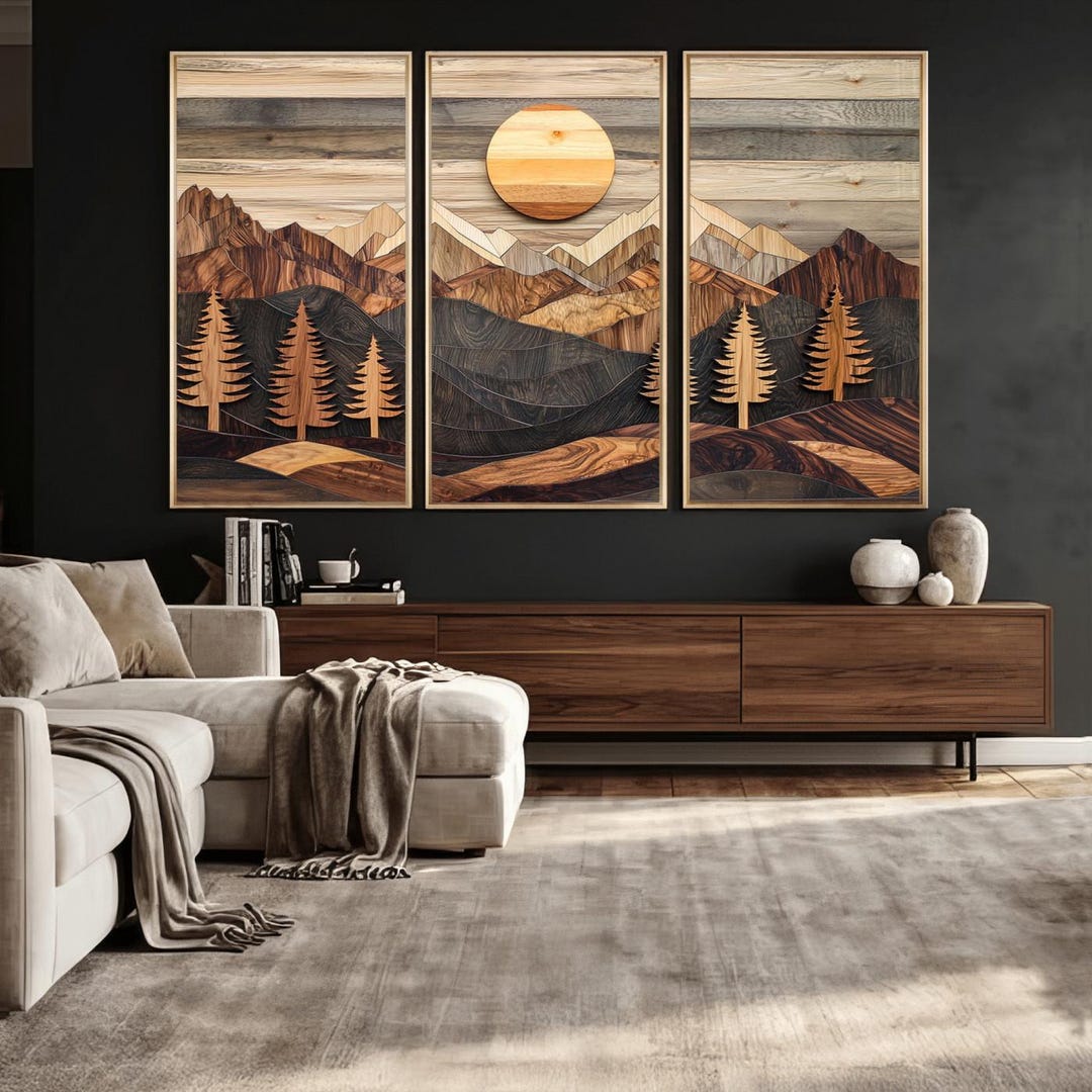 Wood Mountain Wall Art Canvas Print – Rustic Forest Landscape Cabin ...