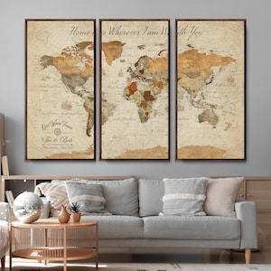 May include: A triptych of framed world maps with a vintage aesthetic. The maps feature a sepia-toned color palette with brown frames. The text "Home is Wherever I am With You" and "Our World Travels" is visible.