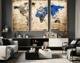 Grunge World Map Canvas Print, Blue Brown Vintage Wall Art, Home Office Decor, Large 3 Panel World Map, Rustic Map Wall Decor
