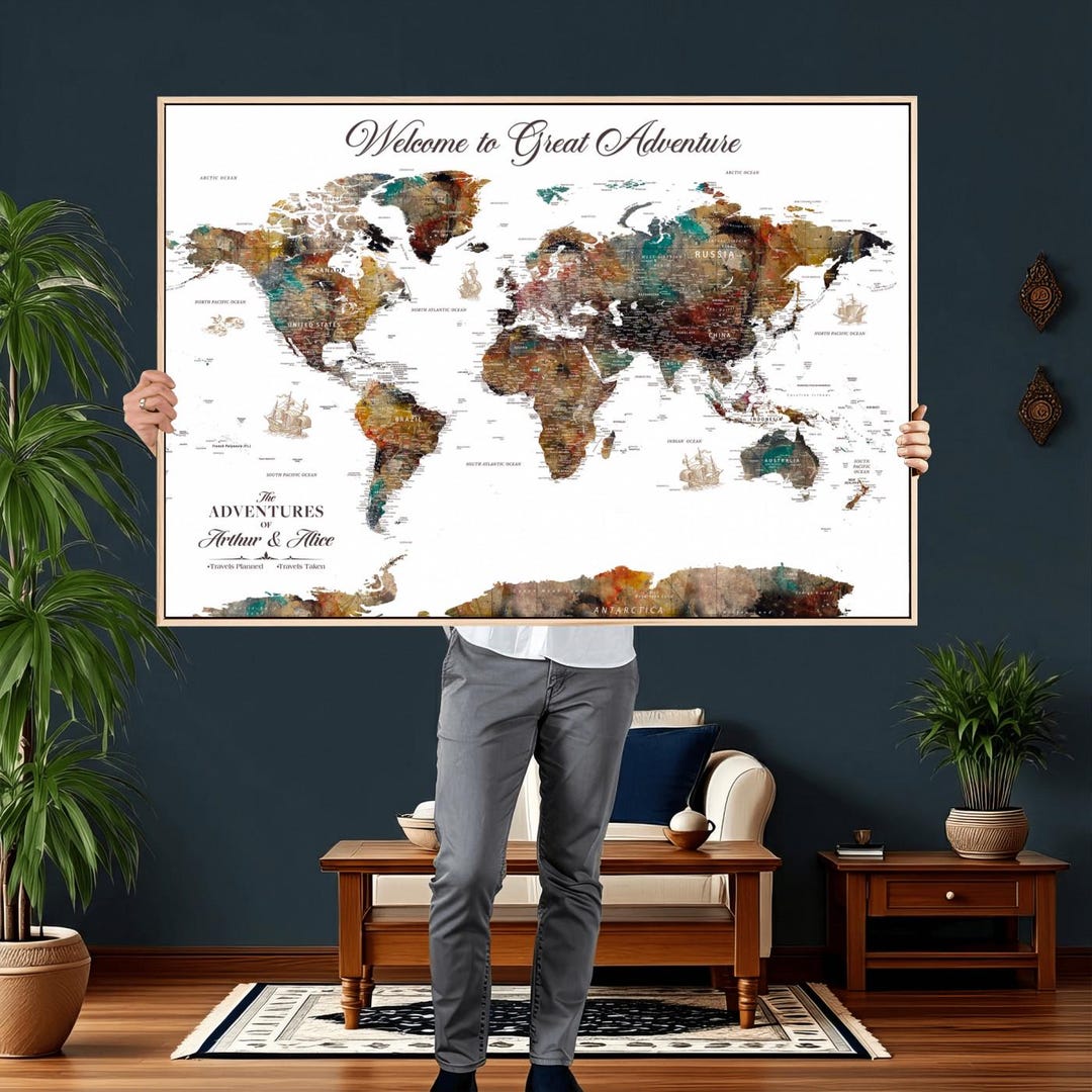 Custom Push Pin World Travel Map Canvas Print: Watercolor Personalized ...