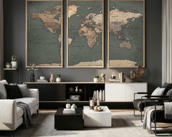 Large Map Artwork Print, World Map Wall Art Canvas Print for Home Office, Large Size Decorative Vintage World Maps Artwork Prints