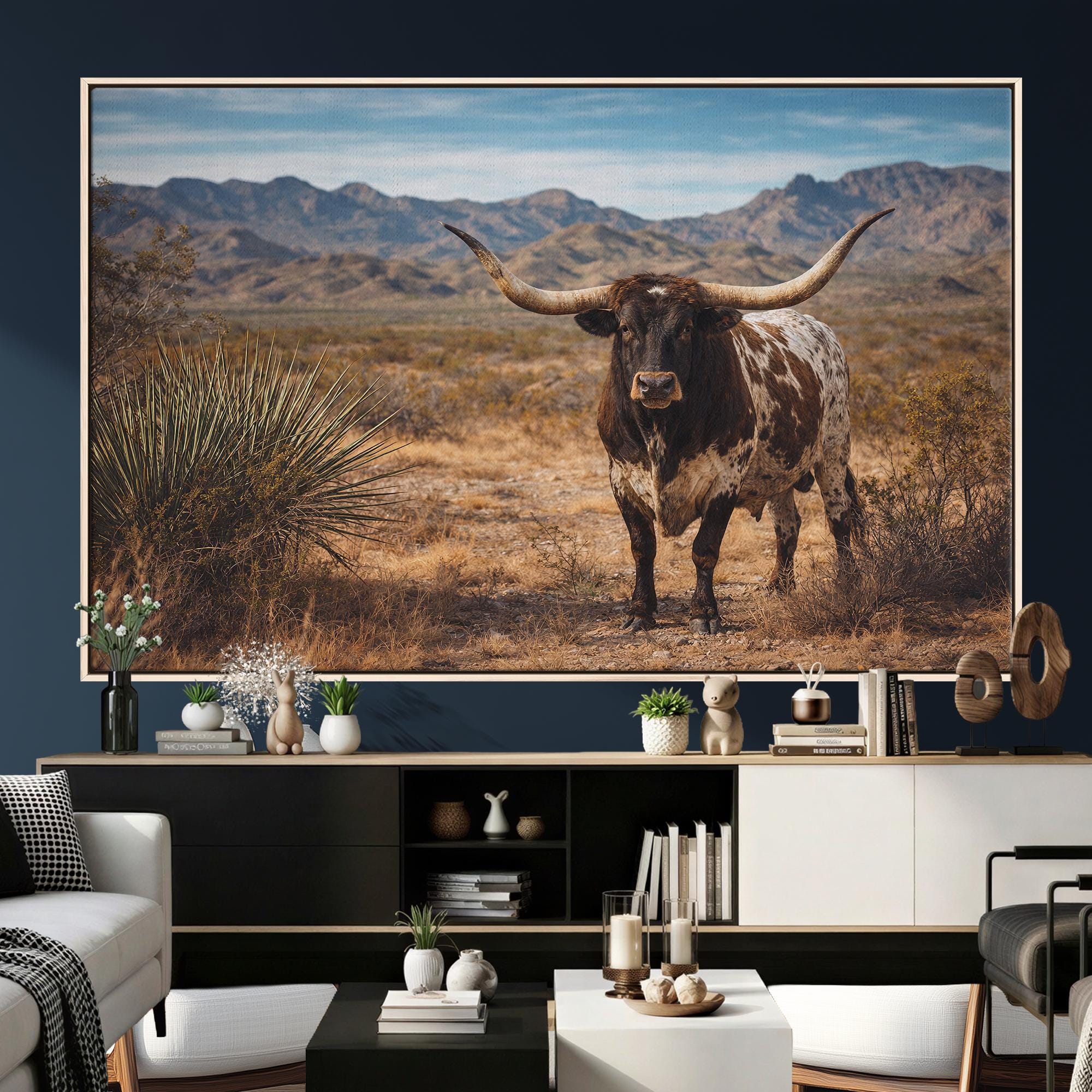 Texas Longhorn Canvas Wall Art Western Cow Bull Desert Landscape Rustic