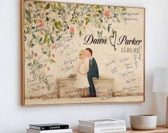 Wedding Guest Book Canvas Wall Art, Personalized Signature Print, Custom Couple Names Date Decor, Unique Wedding Gift, Guest Sign Canvas