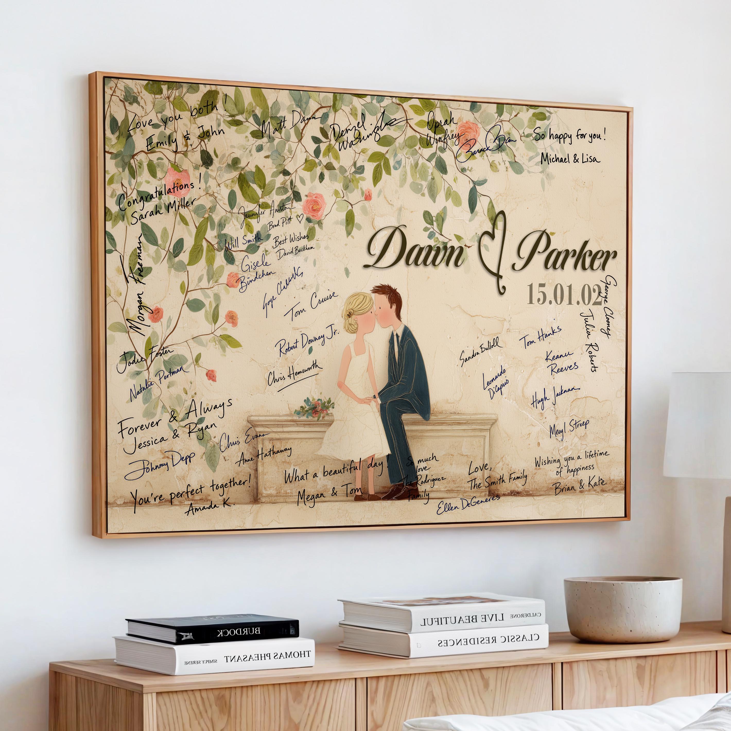 Personalized Wedding Guest Book Canvas, Custom Couple Names Date Decor, Rustic Walnut Wood Art