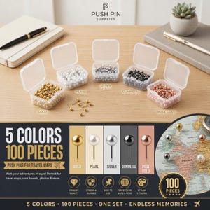 100 Push Pins for Cork Board, Decorative Pearl Thumb Tacks, Gold Silver Rose Gold Gunmetal Push Pins, Map Pins for Push Pin Travel Maps