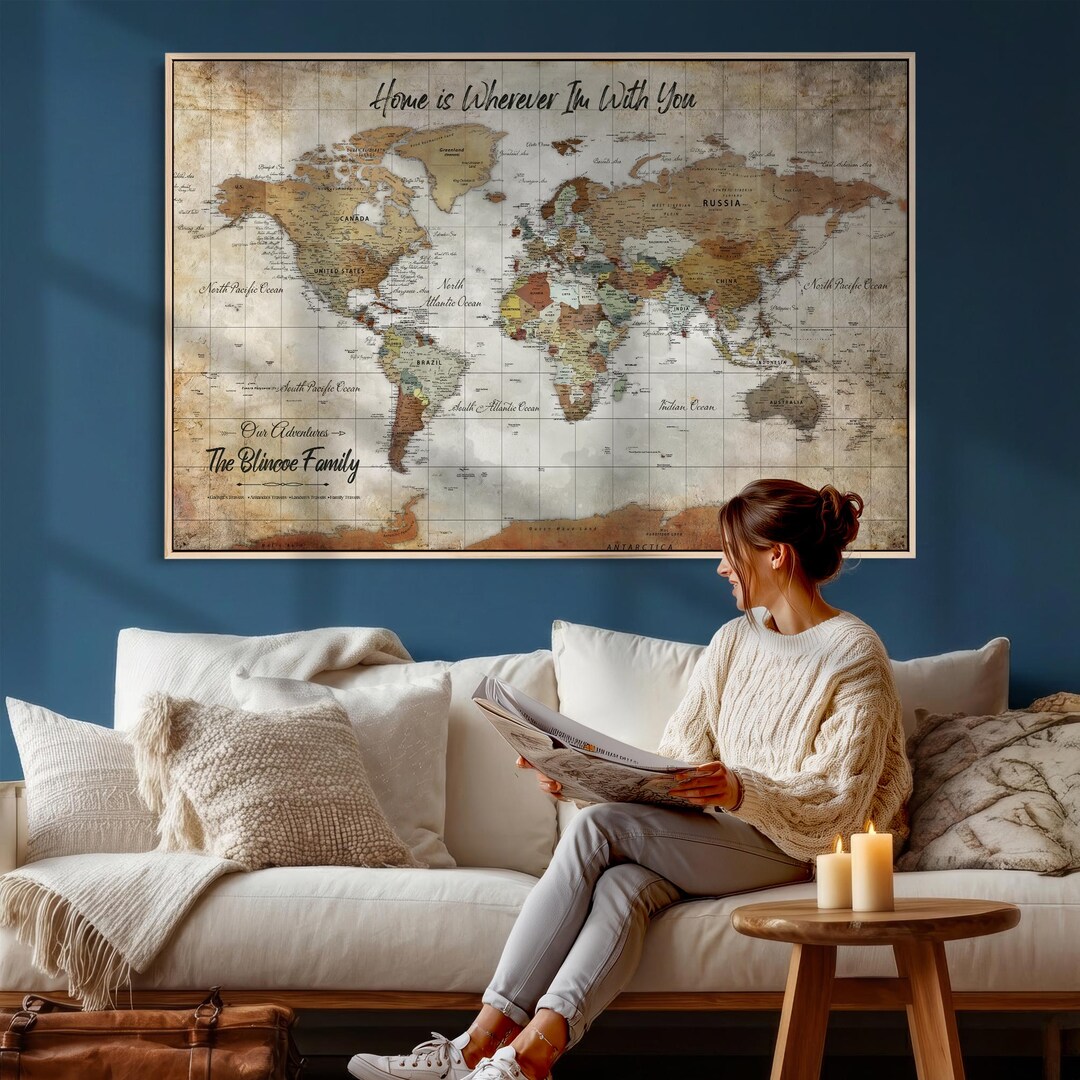 Custom Push Pin World Map Canvas Print, Personalized Travel Adventure ...