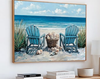 Beach Chairs Canvas Wall Art, Blue Adirondack Seashell Ocean Painting Print, Coastal Nautical Summer Living Room Decor, Teal Beach House Art