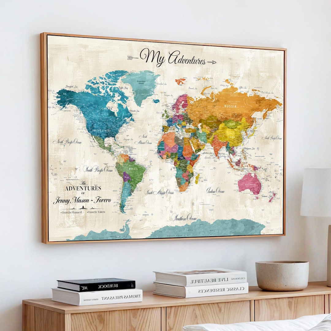 Custom Push Pin World Map Wall Art Canvas Print - Detailed Map of the ...