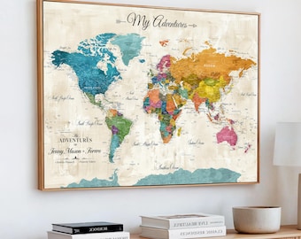 Custom Push Pin World Map Wall Art Canvas Print - Detailed Map of the World with Pins & Cities -  Ready to Hang with Hardware - Foam Include