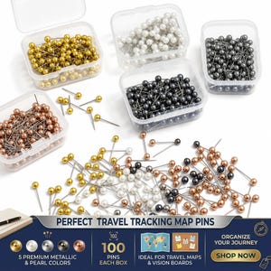 100 Metallic Map Pins, Gold, Silver, Rose Gold, Gunmetal, Pearl Pins