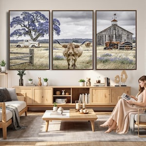 May include: A triptych of framed canvas prints depicting rural scenes. One shows a vintage truck near a tree with purple blossoms, another a longhorn, and the third a barn with a tractor. The prints are displayed above a wooden cabinet.