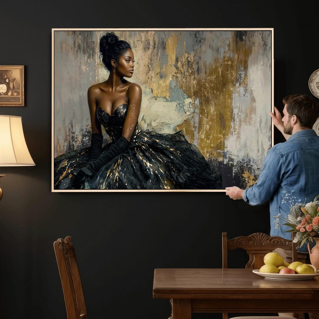 Black Gold Woman Canvas Art – Elegant Gown Figure Print, Glam Fashion ...