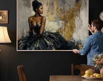 Black Gold Woman Canvas Art – Elegant Gown Figure Print, Glam Fashion Wall Art