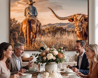 Black Bull Wall Art Canvas Print, Tríptico Longhorn Decoración de Pared Western Farmhouse Sala
