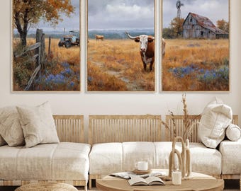 Texas Longhorn Canvas Wall Art, Rustic Farm Barn Bluebonnet Print, Farmhouse Country Decor, Western Ranch Art, Old Truck Tractor Print