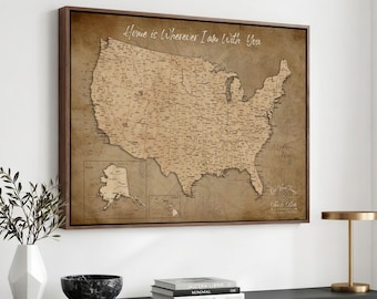 Vintage Personalized USA Push Pin Map, Custom United States Travel Tracker, Vintage US Map Canvas, State Road Trip Map for Gift