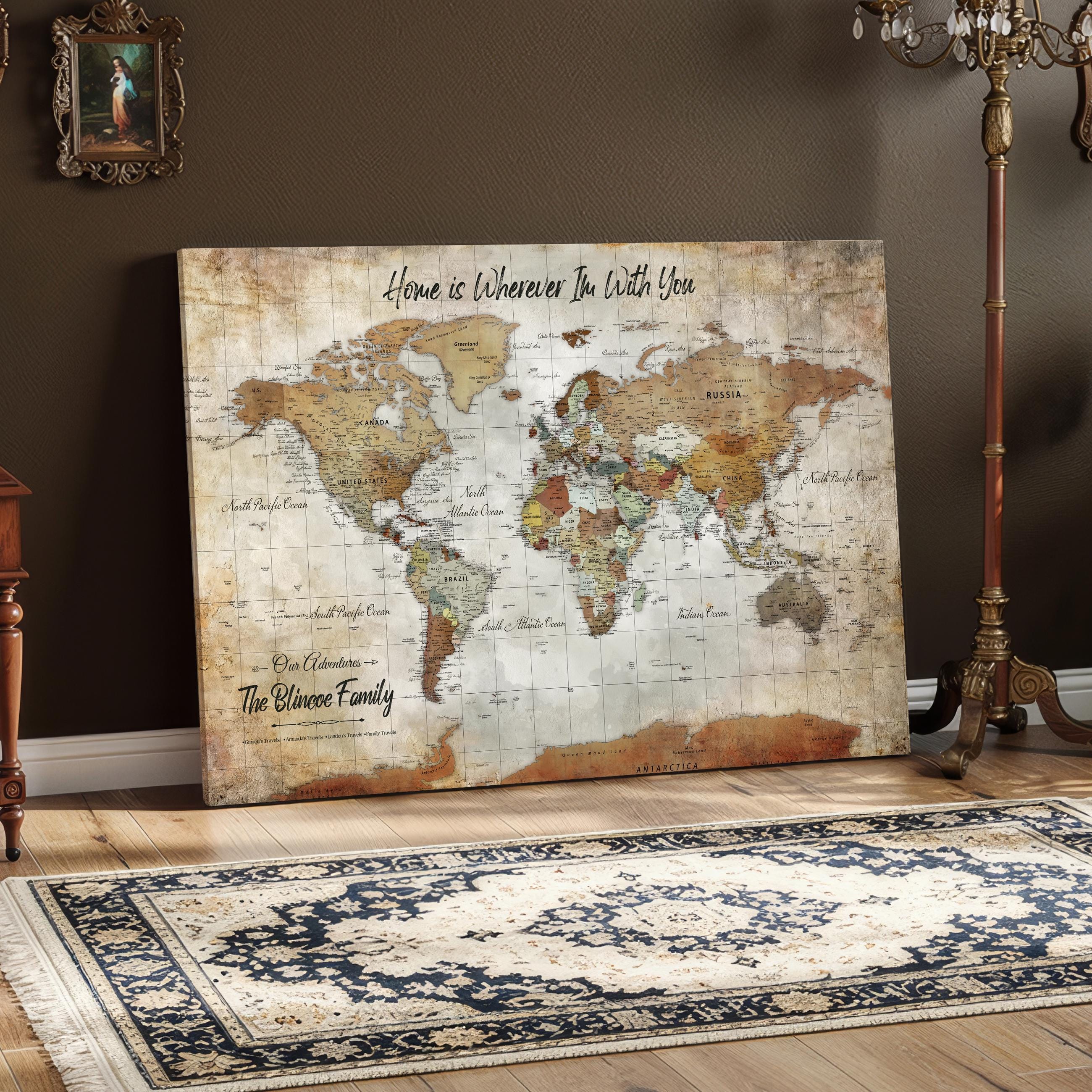 Custom Push Pin World Map Canvas Print, Personalized Travel Adventure ...