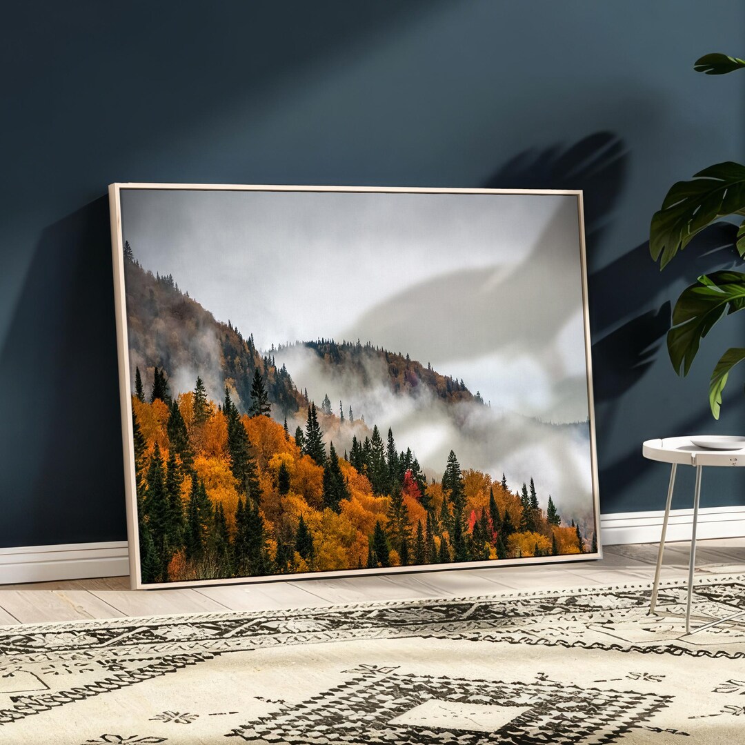 Misty Fall Forest Wall Art Canvas Print, Foggy Mountain Wall Art Print ...