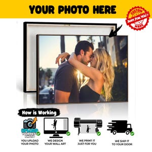 May include: A rectangular canvas print featuring a photograph of a couple embracing outdoors. The product includes a black frame and a white backing. Below the print, icons illustrate the process: uploading a photo, digital design, printing, and delivery.