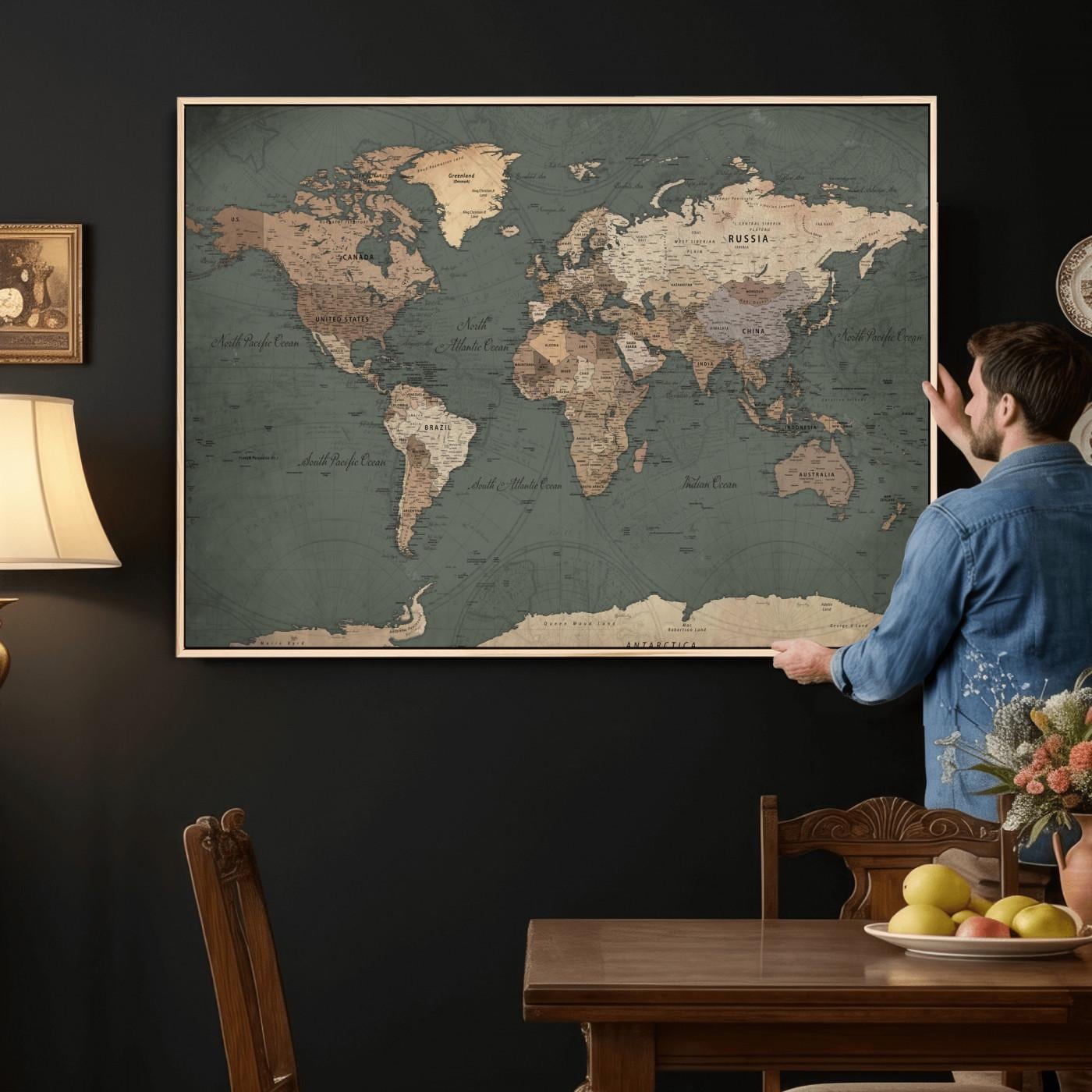 Vintage World Map Canvas Print – Rustic Extra Large Wall Art (framed ...