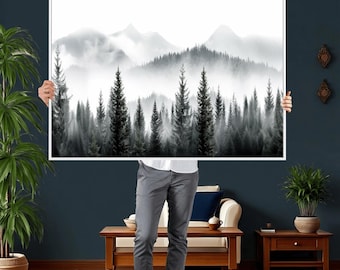 Misty Forest Canvas Print, Foggy Pine Trees Mountain Landscape Artwork