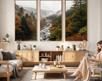 Autumn River Wall Art, Misty Forest Canvas Print, Foggy Mountain Valley Photo, Fall Nature Landscape Decor, Extra Large Cabin Wall Art