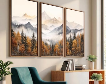 Misty Mountain Wall Art, Autumn Forest Canvas Print, Watercolor Fall Landscape, Extra Large Panoramic Wall Decor, Cabin Living Room Art