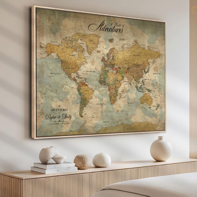 Travel Wall Map Art Canvas Print with Pins, Custom World Map Board Hanging Your Push Adventure Decor, Personalized Customizable Quote Print. Custom travel world map canvas print with push pins, personalized quote, and adventure wall decor for travelers to track and display their journeys.