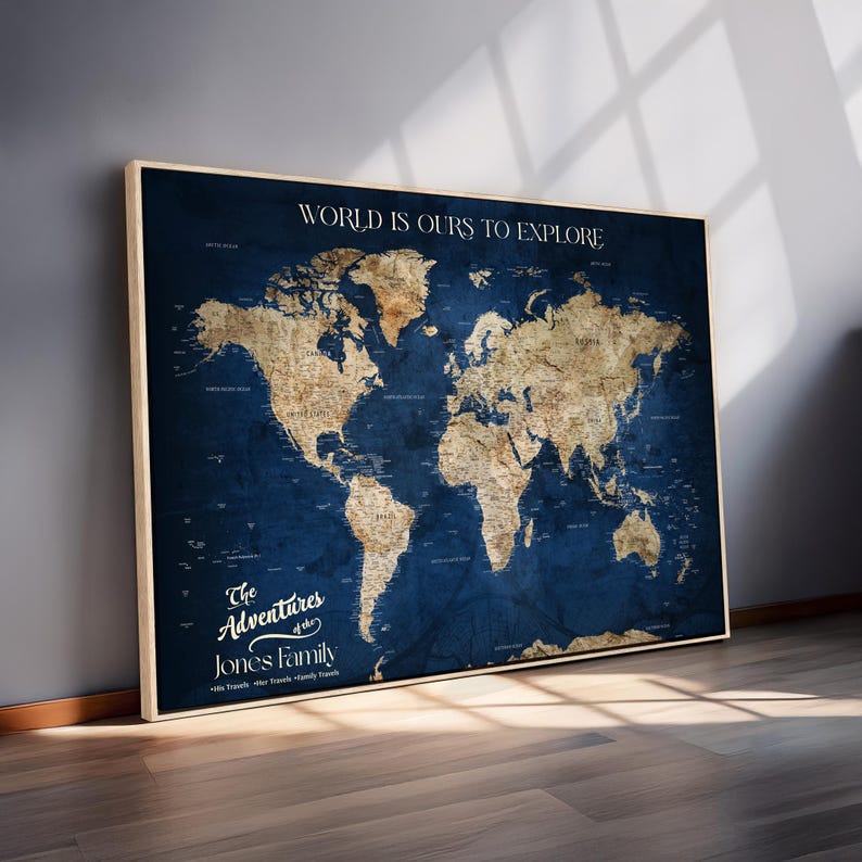 Travel Wall Map Art Canvas Print with Pins, Custom World Map Board Hanging Your Push Adventure Decor, Personalized Customizable Quote Print. Custom travel world map canvas print with push pins, personalized quote, and adventure wall decor for travelers to track and display their journeys.