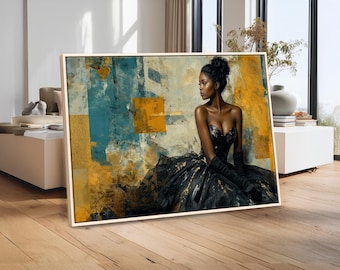 Black and Gold Woman Canvas Art – Elegant Gown Figure Print, Glam Fashion Wall Art