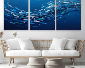 School of Fish Canvas Print | Blue Ocean Underwater Wall Art | Swirling Fish Shoal Illustration | Marine Navy Coastal Decor