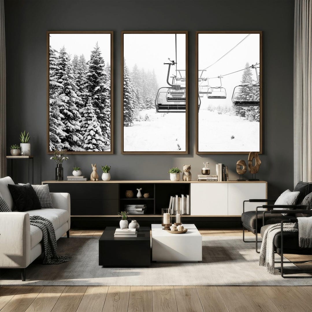 Black and White Ski Lift Canvas Print, Snowy Mountain Landscape Wall ...