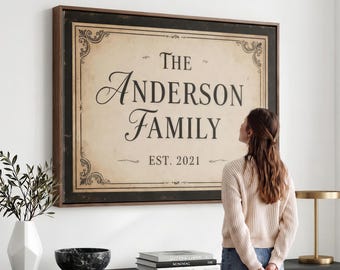 Personalized Family Name Sign Canvas Print, Family Name Established Date Decor, Housewarming Gift, Vintage Farmhouse Entryway Wall Decor