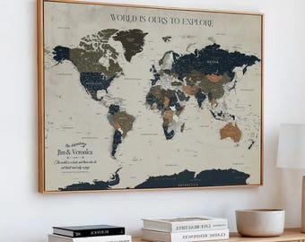 Personalized World Map Wall Art Canvas Print, Push Pin Travel Map with Names and Quote, Framed Neutral Vintage Map Decor