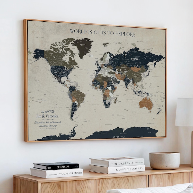 Personalized World Map Wall Art Canvas Print, Push Pin Travel Map with Names and Quote, Framed Neutral Vintage Map Decor for Living Room Office Entryway