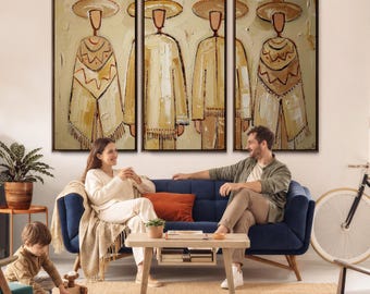 Mexican Folk Art Canvas Wall Art, Four Charro Sombrero Figures Neutral Cream Painting, Mexican Wall Art Print, Southwestern Living Decor