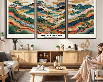 Japanese Grasslands Canvas Wall Art, Kusama Inspired Landscape Print, Large Nature Print, Ukiyo-e Style Mountain Decor, Asian Art Print