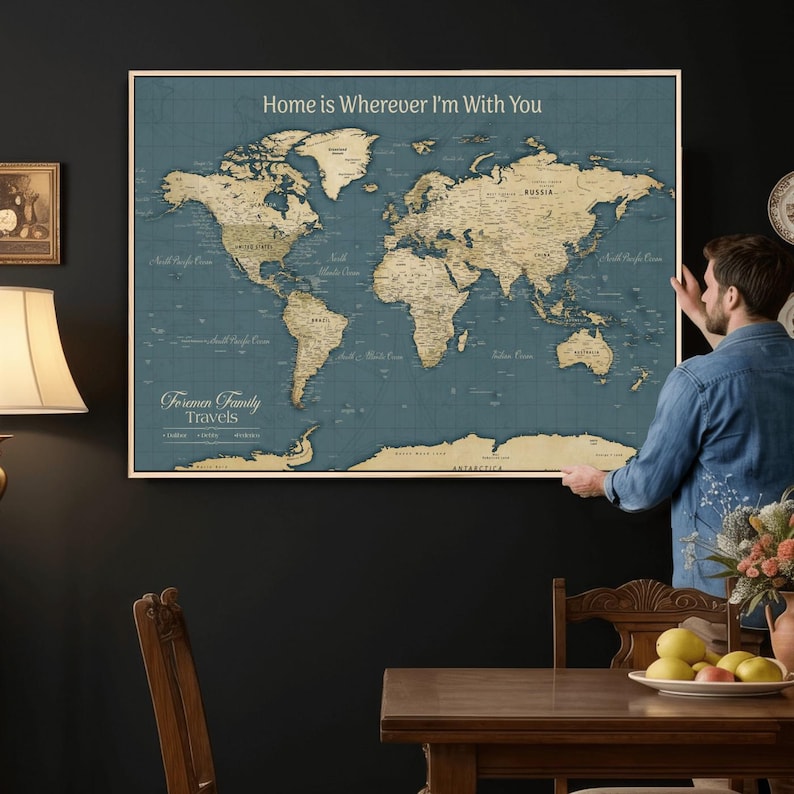 Wedding Guest Book, Customized Push Pin World Map Canvas Print, Vintage Blue Personalized Travel Map with Pins for Office, Living Room, Meeting Room Decoration