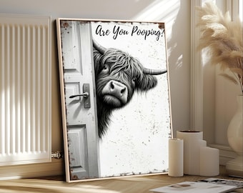 Funny Highland Cow Bathroom Art, Rustic Farmhouse Pooping Cow Sign Canvas Print