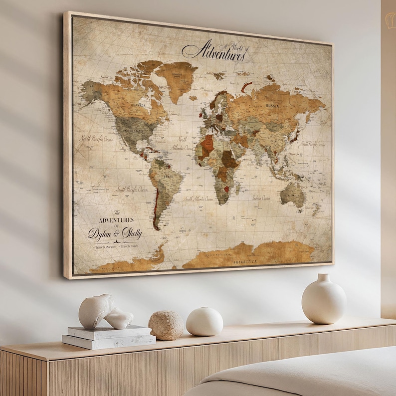 Travel Wall Map Art Canvas Print with Pins, Custom World Map Board Hanging Your Push Adventure Decor, Personalized Customizable Quote Print. Custom travel world map canvas print with push pins, personalized quote, and adventure wall decor for travelers to track and display their journeys.