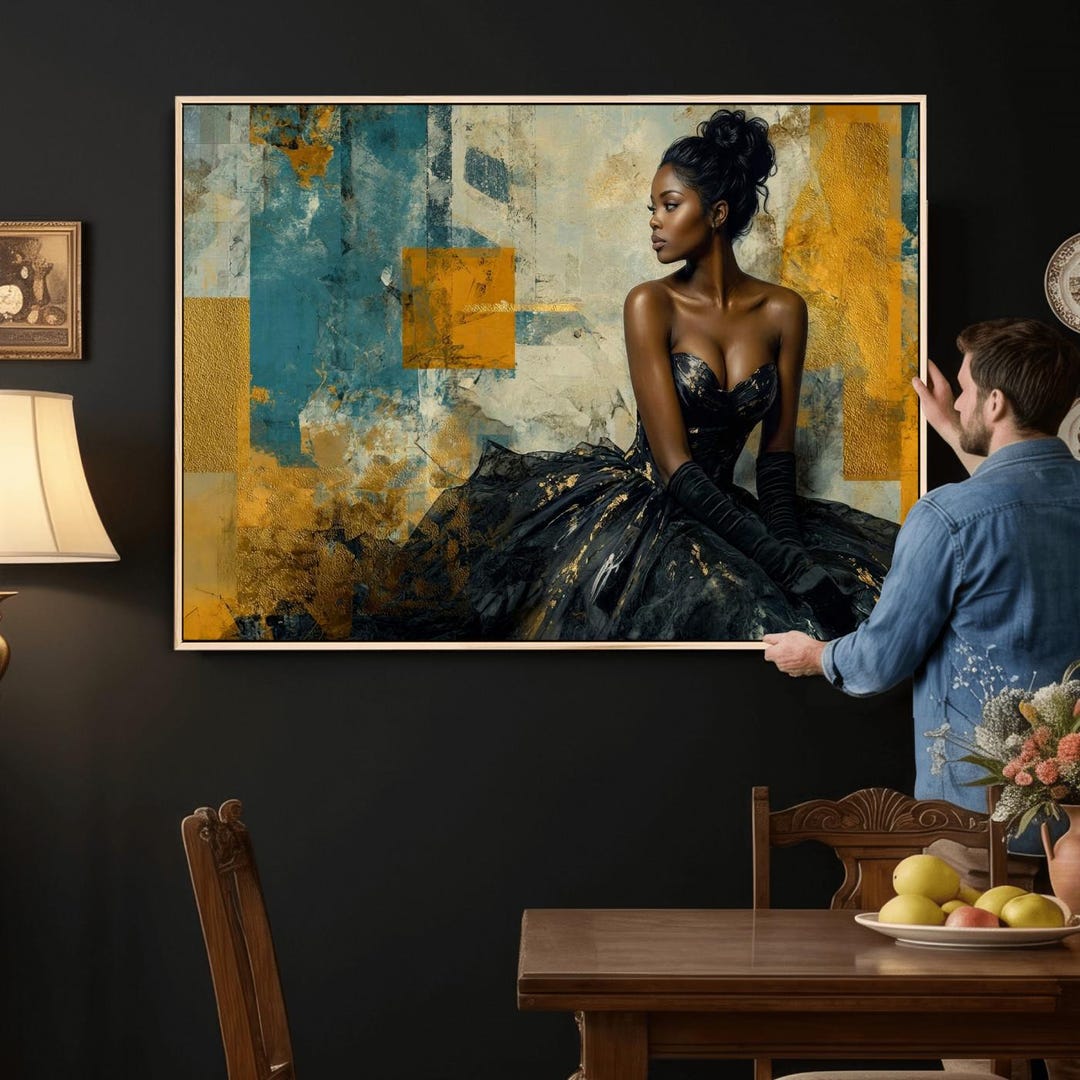 Black Woman Canvas Art – Elegant Gown Figure Print, Glam Fashion Wall ...