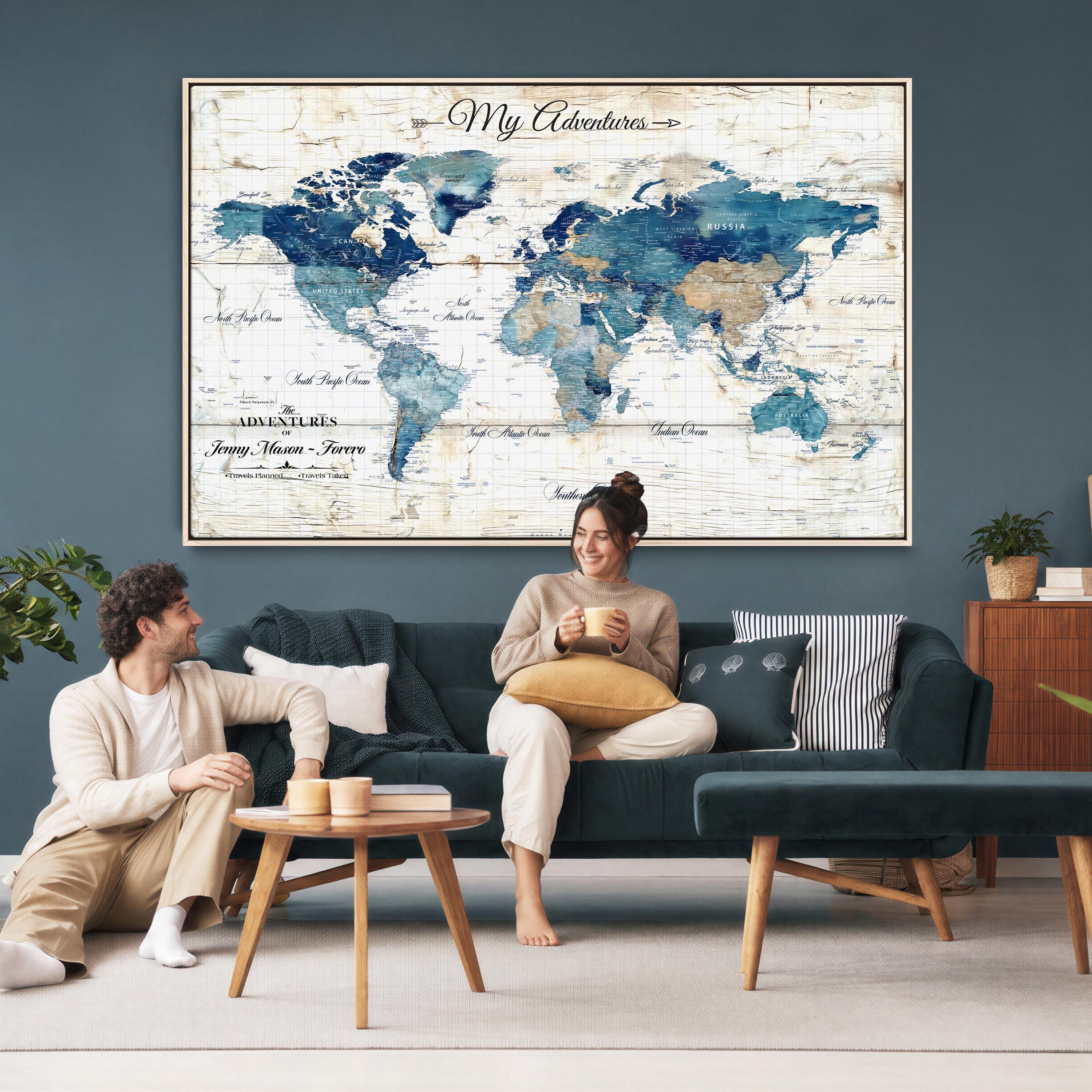Blue Custom Push Pin World Map Canvas Print, Personalized Travel Map ...