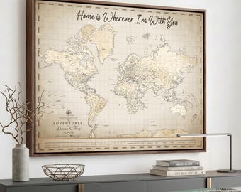 Custom World Map with Pins, Vintage Push Pin Travel Map, Personalized Map Wall Art, Traveler Gift, Our Adventures Map Canvas