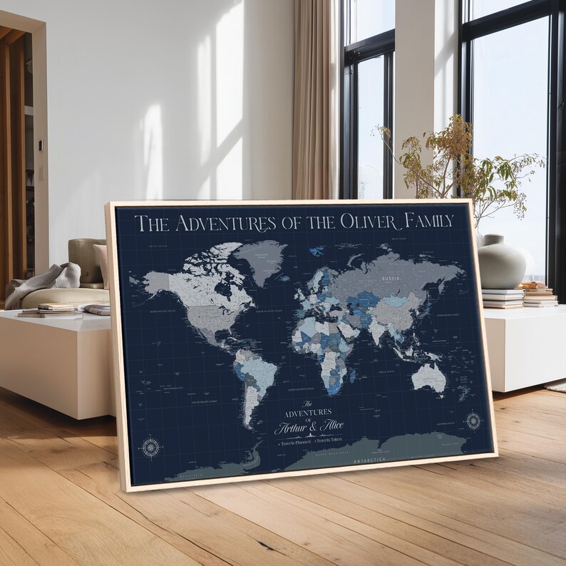 Custom Push Pin World Map Canvas, Dark Blue Personalized Travel ...