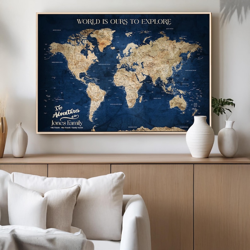 Custom Push Pin World Map Wall Art Print | Personalized Travel Canvas ...