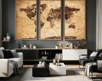 Vintage World Map Canvas Print, Large Decorative Wall Art, Customizable Travel Tracker