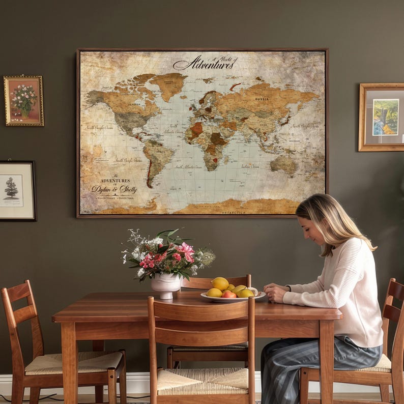 Custom Push Pin World Map Canvas Print, Personalized Travel Adventure ...
