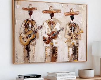 Mariachi Band Canvas Wall Art, Mexican Music Guitar Violin Trumpet Painting, Neutral Impasto Folk Art, Mexican Wall Art Print
